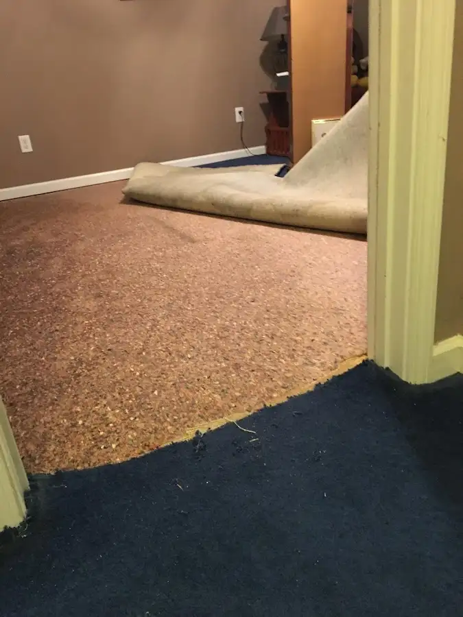Carpet pad removal revealing water damage during Drying & Dehumidification in Norwalk